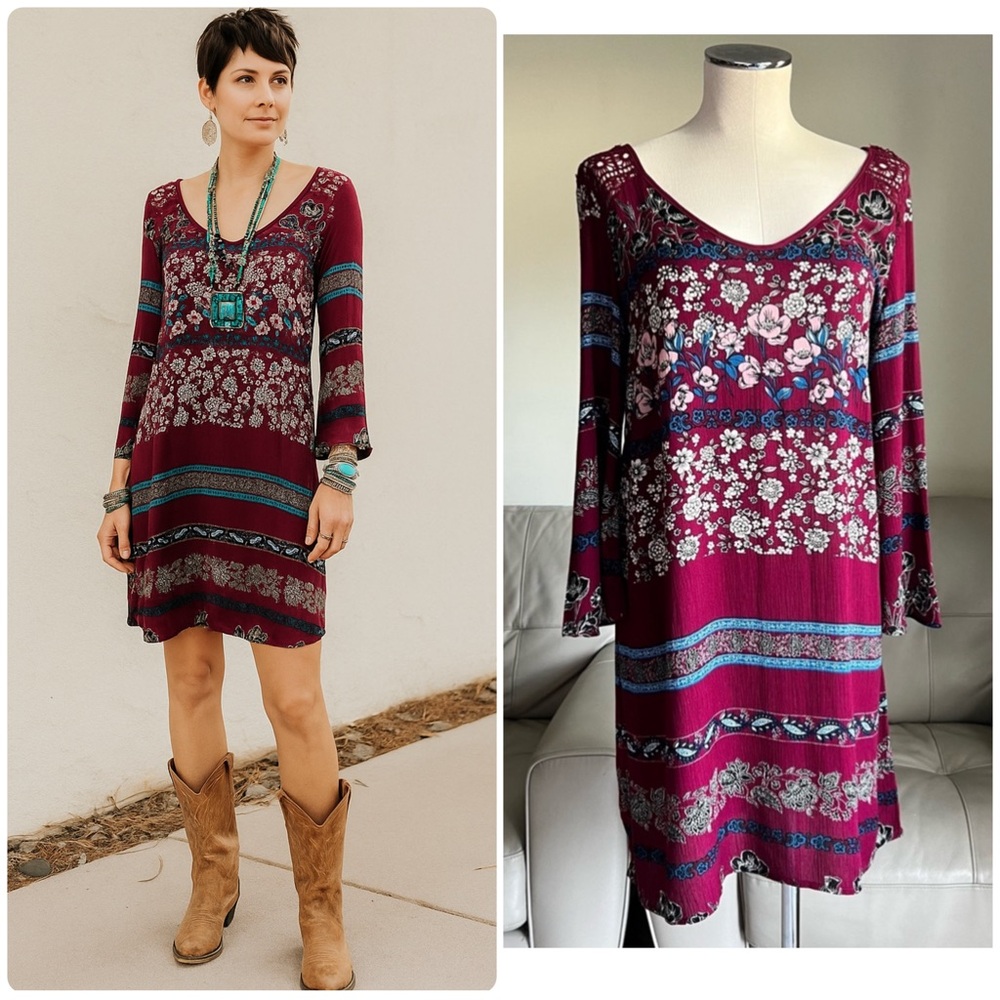 NEW Alya Boho Floral Dress M Burgundy Long Sleeve Crochet Lace Cut Out Cowgirl